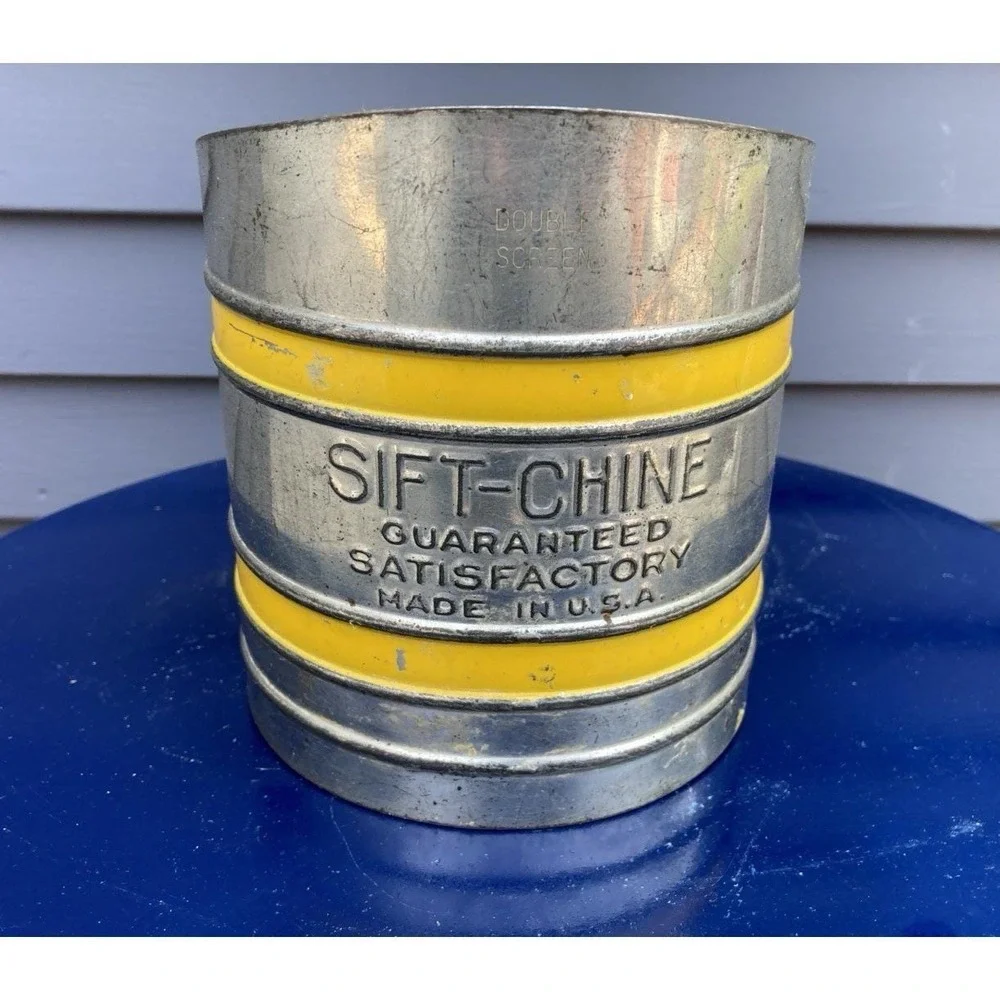 Vintage farmhouse kitchen steel Foley Sift-Chine sifter butter yellow bands